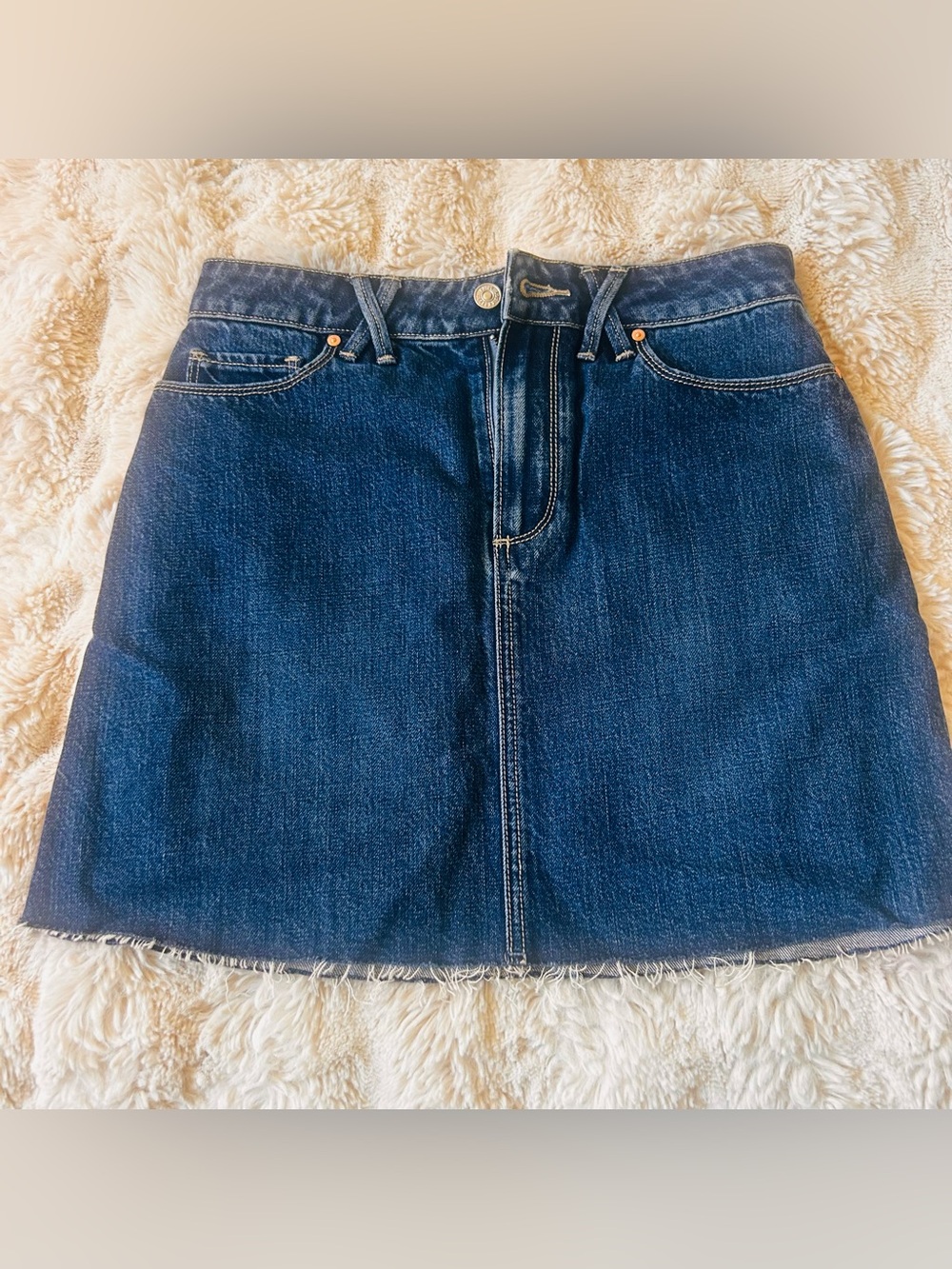 PAIGE Dark Blue Denim Mini Skirt with Frayed Hem